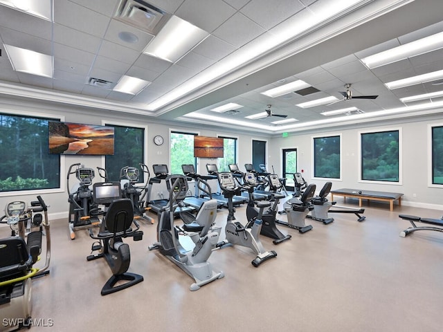 workout area featuring a paneled ceiling