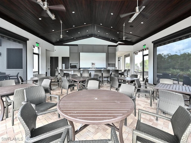 dining area featuring high vaulted ceiling, ceiling fan, and wood ceiling