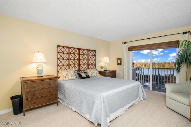 bedroom featuring access to outside and light colored carpet