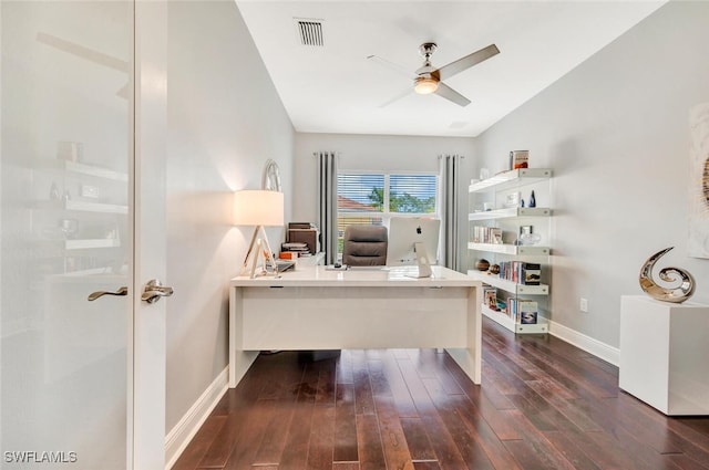 office area featuring ceiling fan and dark hardwood / wood-style flooring