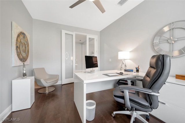 office area featuring french doors, dark hardwood / wood-style floors, and ceiling fan