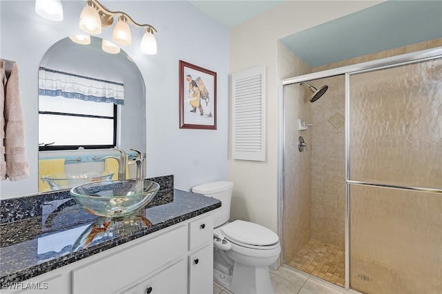 bathroom with tile patterned flooring, vanity, toilet, and an enclosed shower