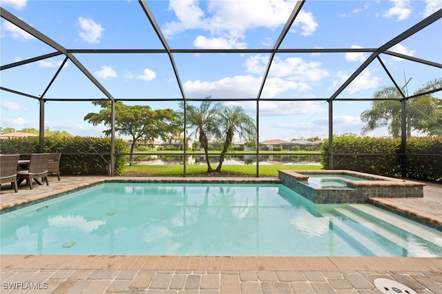 view of swimming pool featuring a water view, an in ground hot tub, a lanai, and a patio area