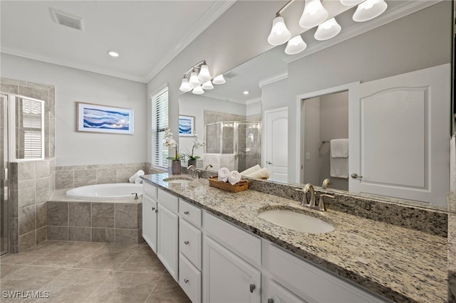 bathroom featuring separate shower and tub, crown molding, tile patterned flooring, and vanity