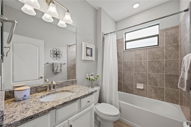 full bathroom with tile patterned flooring, vanity, toilet, and shower / bathtub combination with curtain