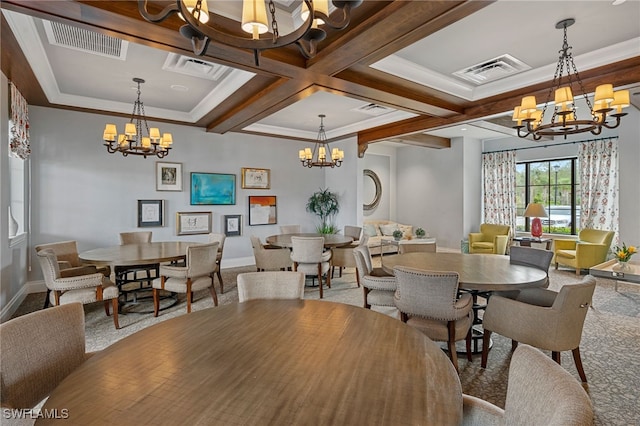 dining room with carpet flooring, coffered ceiling, and ornamental molding