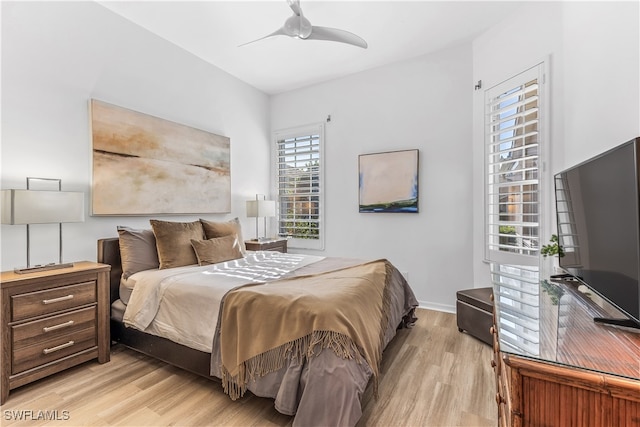 bedroom featuring ceiling fan and light wood-type flooring