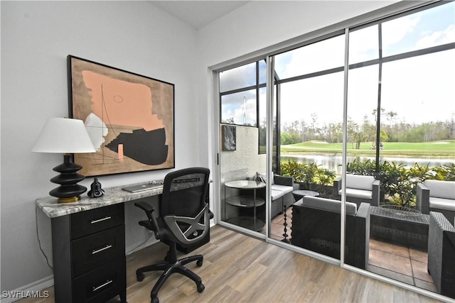 home office with a water view and light wood-type flooring