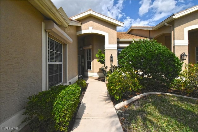 doorway to property with stucco siding