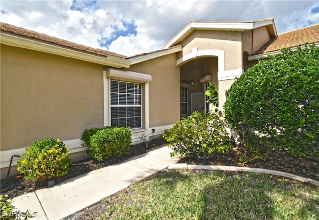 doorway to property with stucco siding