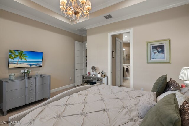 carpeted bedroom featuring connected bathroom, crown molding, a raised ceiling, and a chandelier