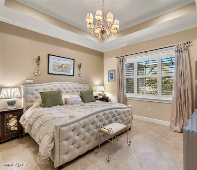 bedroom with a raised ceiling, crown molding, light tile patterned flooring, and a chandelier