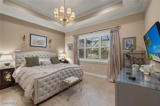 bedroom with ornamental molding, a tray ceiling, light tile patterned floors, and a notable chandelier