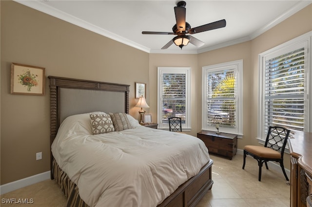 bedroom featuring ornamental molding, ceiling fan, and light tile patterned flooring