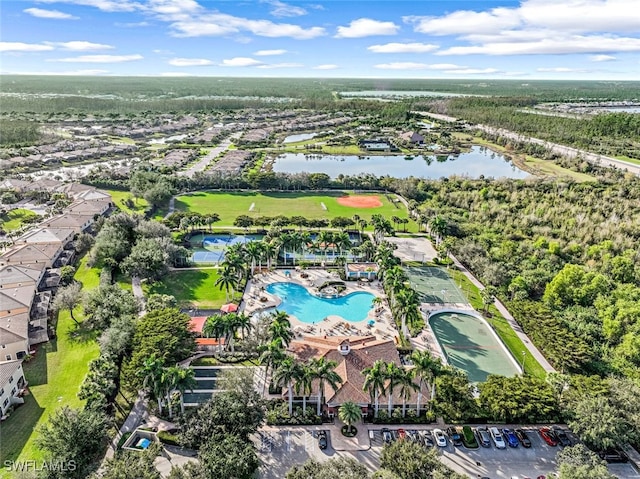 drone / aerial view featuring a water view