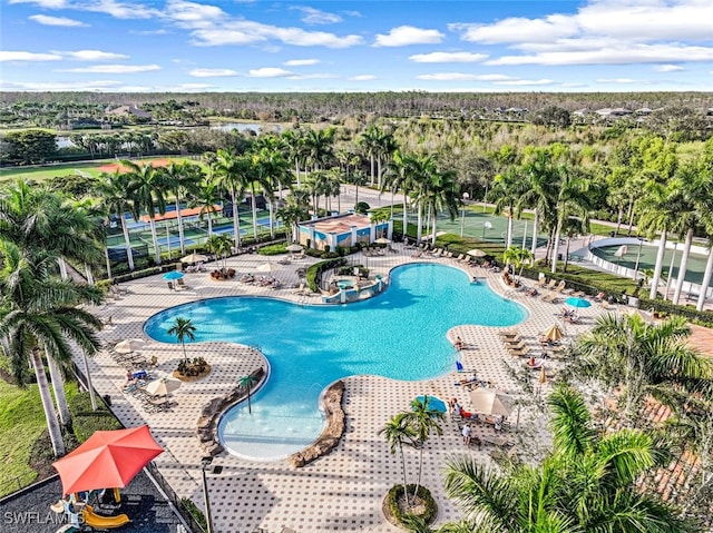 view of swimming pool featuring a patio area