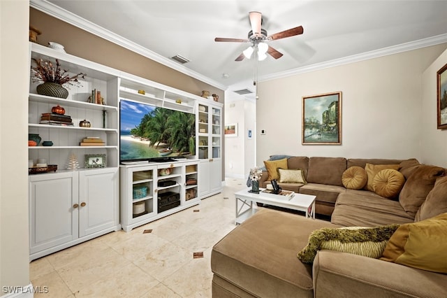 living room with ceiling fan and ornamental molding