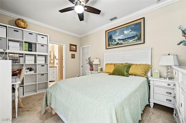 bedroom with ceiling fan, ornamental molding, and ensuite bathroom