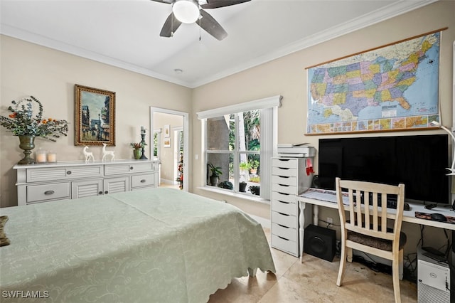 bedroom featuring ceiling fan and crown molding