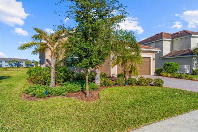 view of front of house featuring a front lawn, decorative driveway, an attached garage, and stucco siding