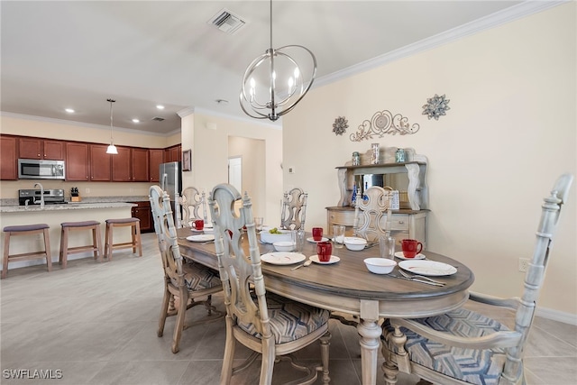 dining area with visible vents, baseboards, ornamental molding, a chandelier, and recessed lighting