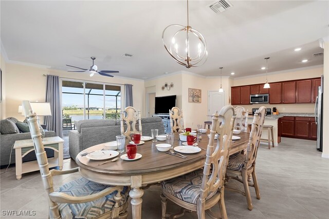 dining space with visible vents, crown molding, and recessed lighting