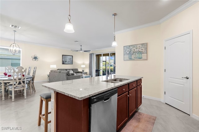 kitchen featuring visible vents, ornamental molding, a sink, light stone countertops, and dishwasher