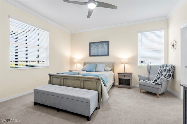 carpeted bedroom with multiple windows, crown molding, and ceiling fan