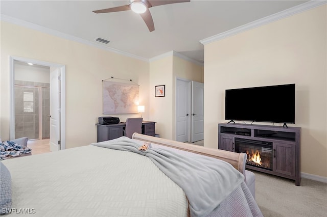 bedroom with crown molding, visible vents, light carpet, ceiling fan, and baseboards