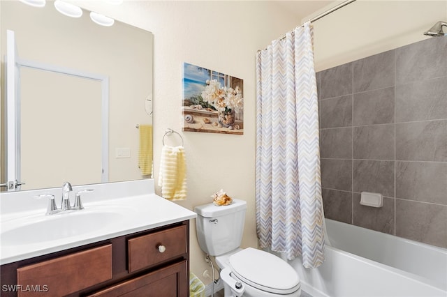 bathroom featuring toilet, vanity, and shower / bathtub combination with curtain