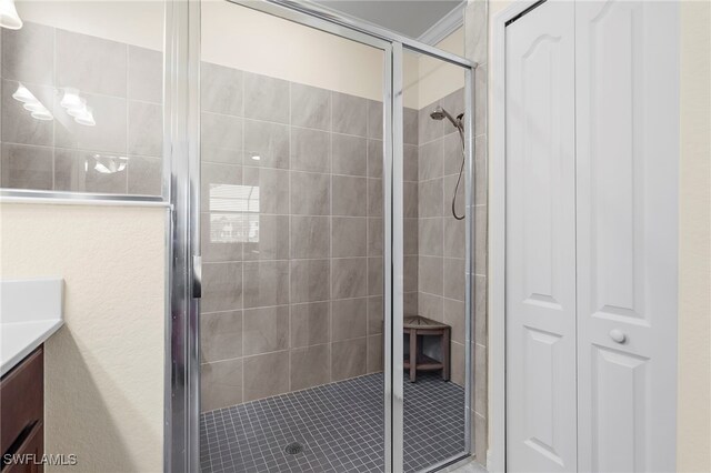 bathroom with a stall shower, a closet, and vanity