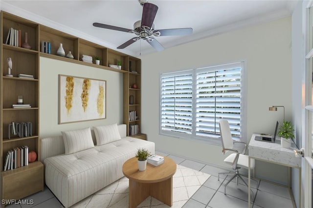 tiled home office with ceiling fan and ornamental molding