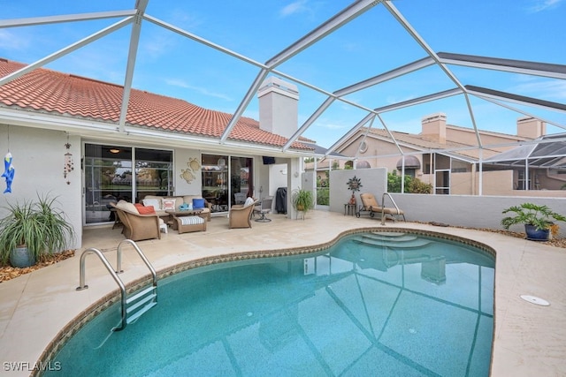 rear view of property featuring a fenced in pool, a patio area, glass enclosure, and an outdoor hangout area