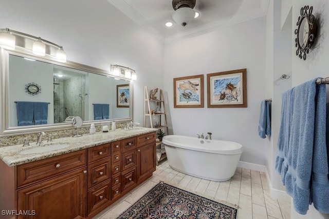 bathroom with separate shower and tub, crown molding, vanity, and ceiling fan