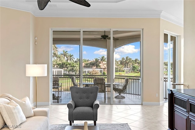 interior space with crown molding, light tile patterned flooring, and a healthy amount of sunlight