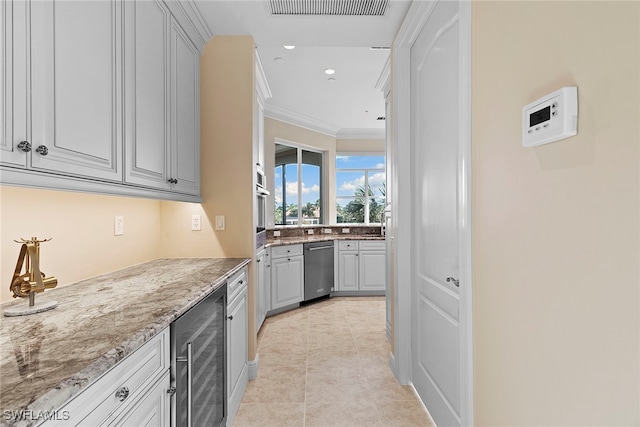 kitchen with stainless steel oven, crown molding, wine cooler, light tile patterned floors, and light stone countertops