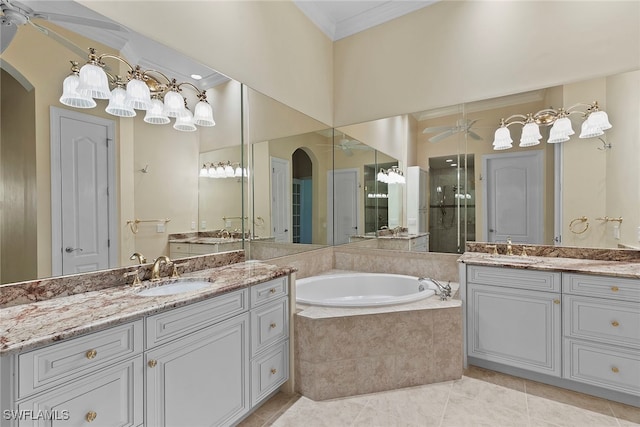 bathroom with vanity, tile patterned floors, ceiling fan, ornamental molding, and shower with separate bathtub