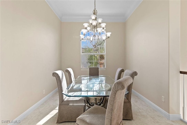 dining area with baseboards, an inviting chandelier, ornamental molding, and light tile patterned flooring