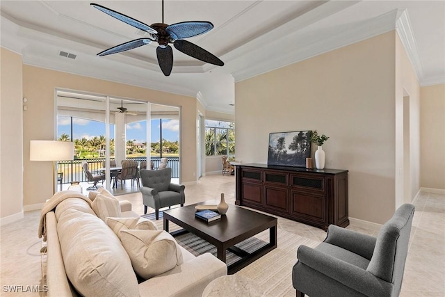 28551 Calabria Ct Unit 202, Naples, FL 34110 - living area featuring ceiling fan, ornamental molding, visible vents, a raised ceiling, and baseboards