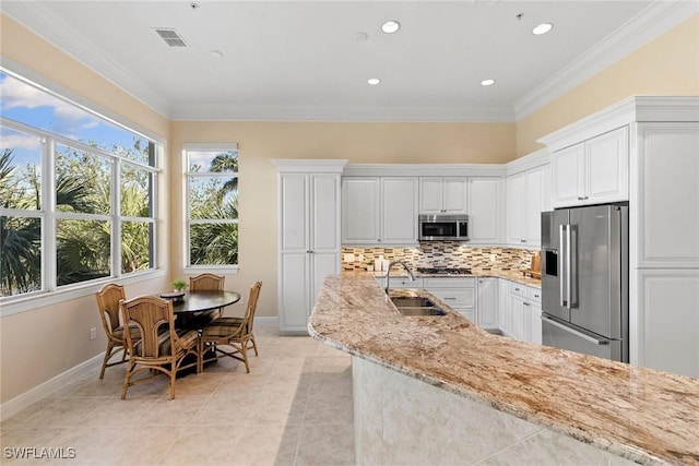 28551 Calabria Ct Unit 202, Naples, FL 34110 - kitchen with tasteful backsplash, ornamental molding, visible vents, appliances with stainless steel finishes, and a sink