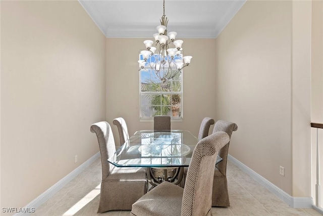 28551 Calabria Ct Unit 202, Naples, FL 34110 - dining area with ornamental molding, baseboards, an inviting chandelier, and light tile patterned floors