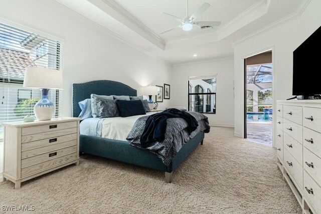 3273 Runaway Ln, Naples, FL 34114 - bedroom featuring light colored carpet, ornamental molding, a raised ceiling, access to outside, and ceiling fan