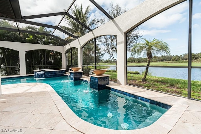3273 Runaway Ln, Naples, FL 34114 - view of pool featuring a water view, a lanai, a patio area, and a pool with connected hot tub