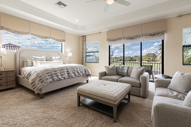 bedroom with carpet, ceiling fan, access to exterior, and crown molding