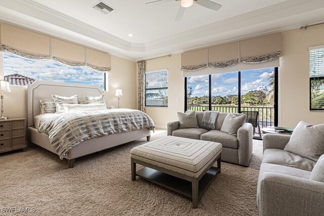 3273 Runaway Ln, Naples, FL 34114 - bedroom featuring ornamental molding, access to exterior, a tray ceiling, light colored carpet, and a ceiling fan