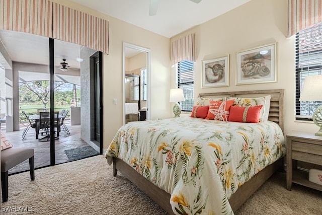 carpeted bedroom with access to exterior, multiple windows, and ceiling fan