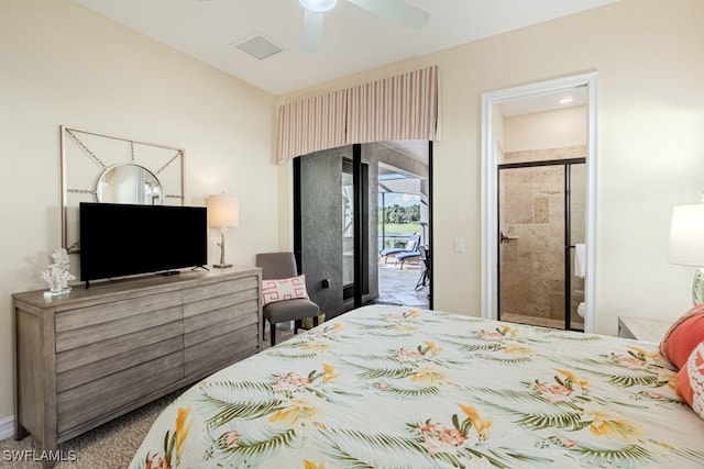 bedroom featuring carpet, ceiling fan, access to exterior, and connected bathroom