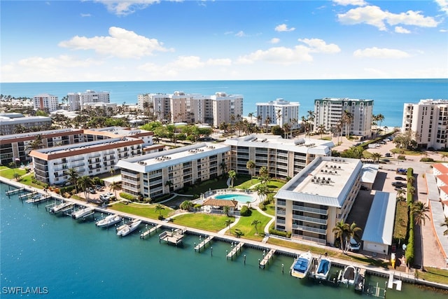 aerial view featuring a water view