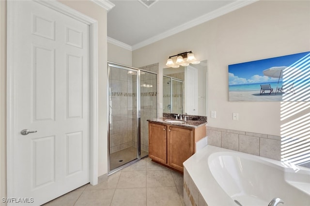 bathroom featuring crown molding, tile patterned flooring, vanity, and shower with separate bathtub