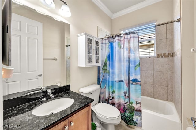 full bathroom with vanity, toilet, shower / bath combo with shower curtain, and ornamental molding